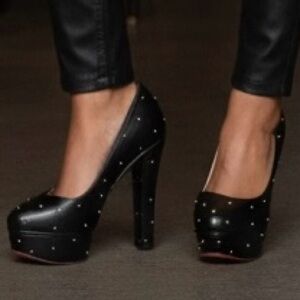 🖤✨ Charlotte Olympia Black Leather Gold Studded Platform Heels – Size 5 ✨🖤